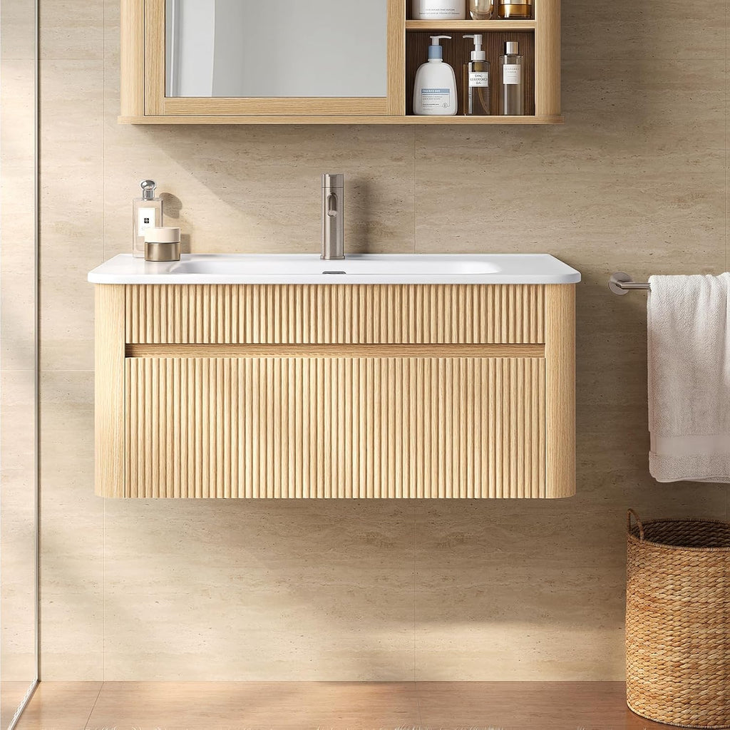 Oak Fluted Wall Mounted Bathroom Vanity