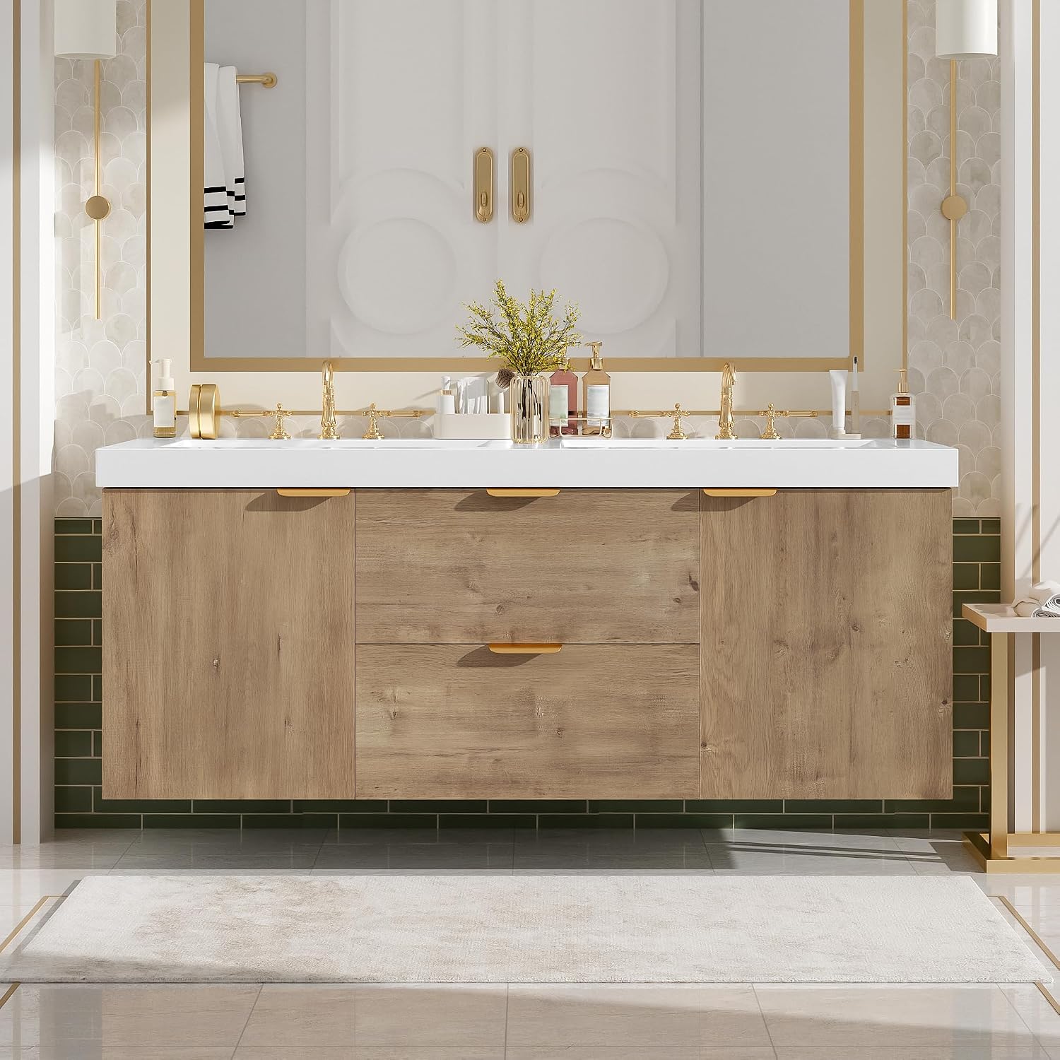Wood Floating Double Sink Vanity with Gold Handles