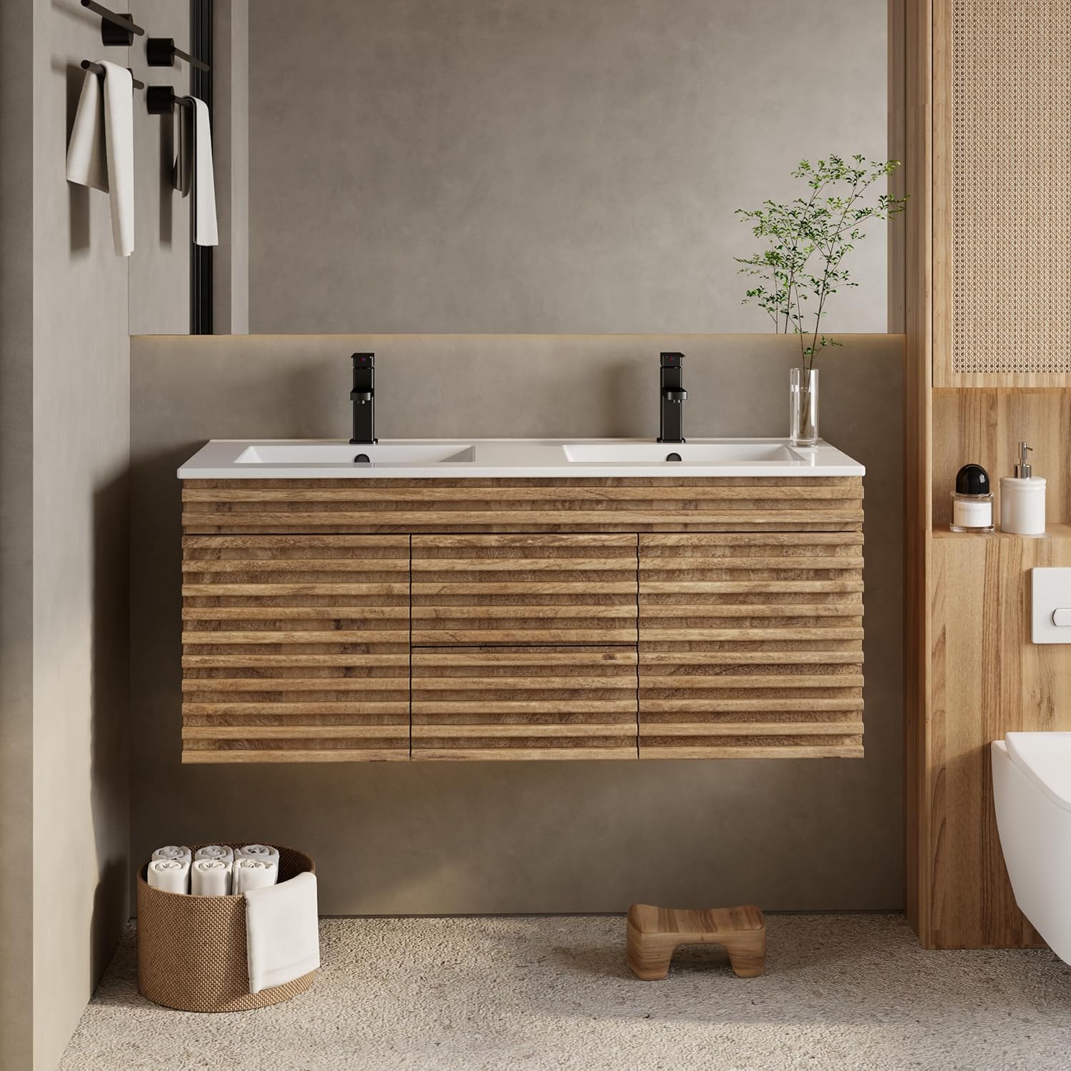Light Walnut Striped Floating Double Vanity