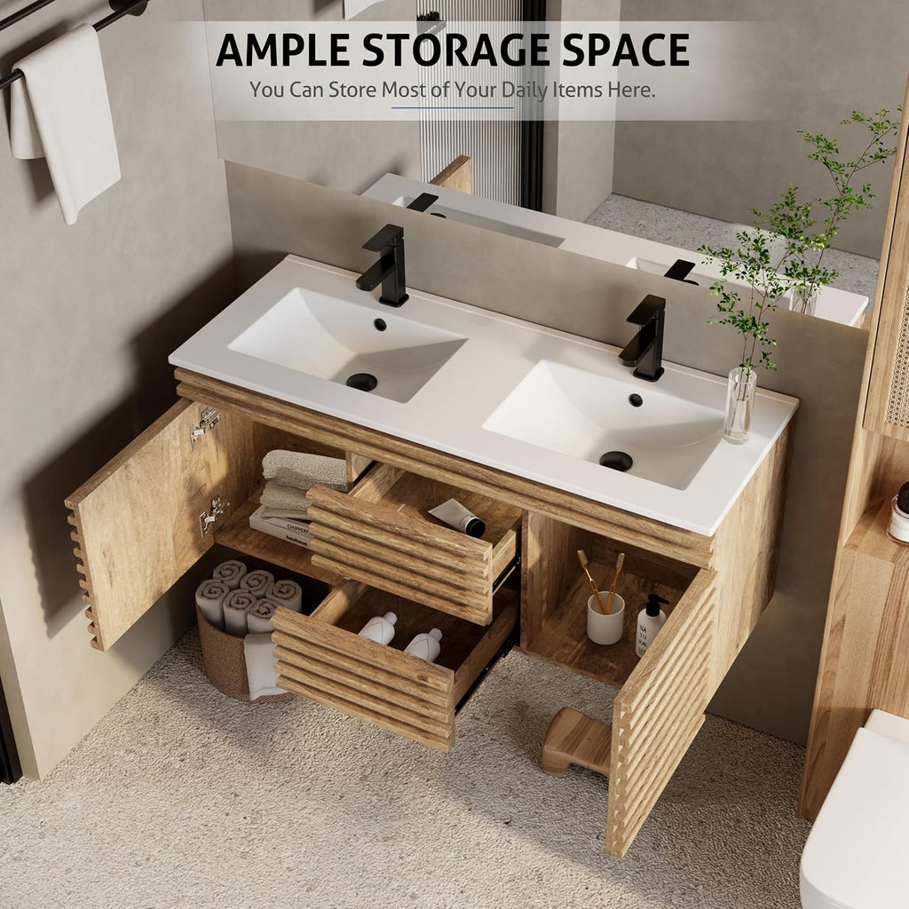 Light Walnut Striped Floating Double Vanity