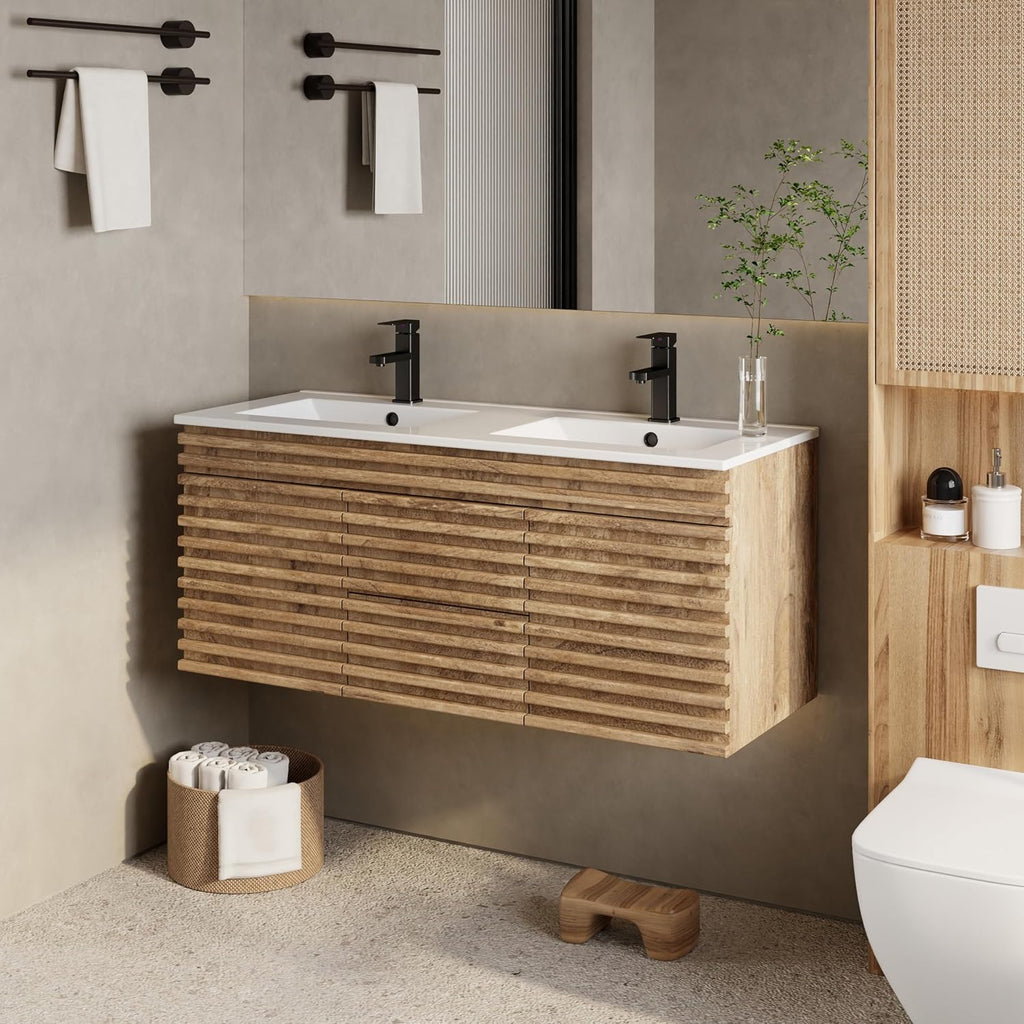 Light Walnut Striped Floating Double Vanity