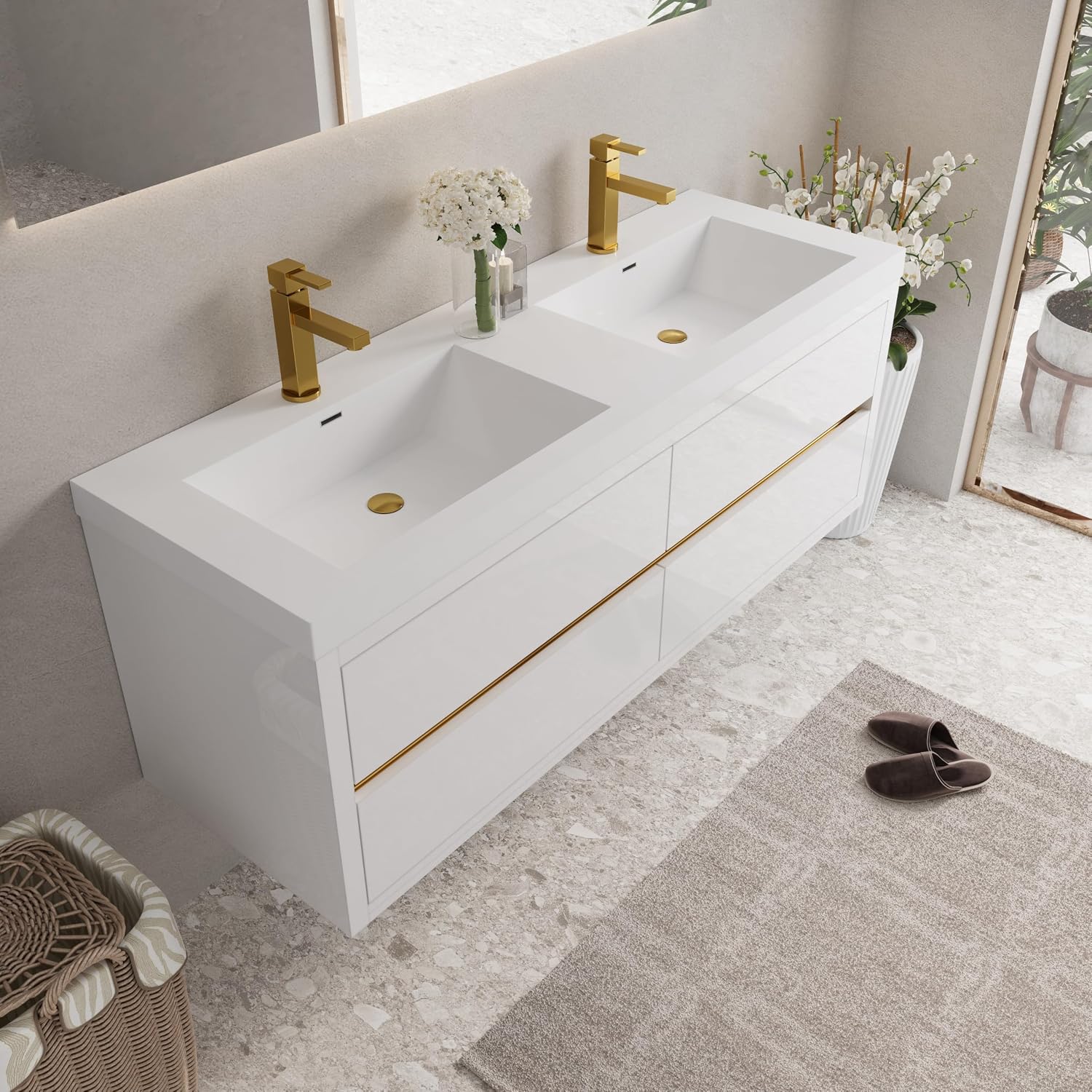 Glossy White Wall Mounted Double Sink Vanity