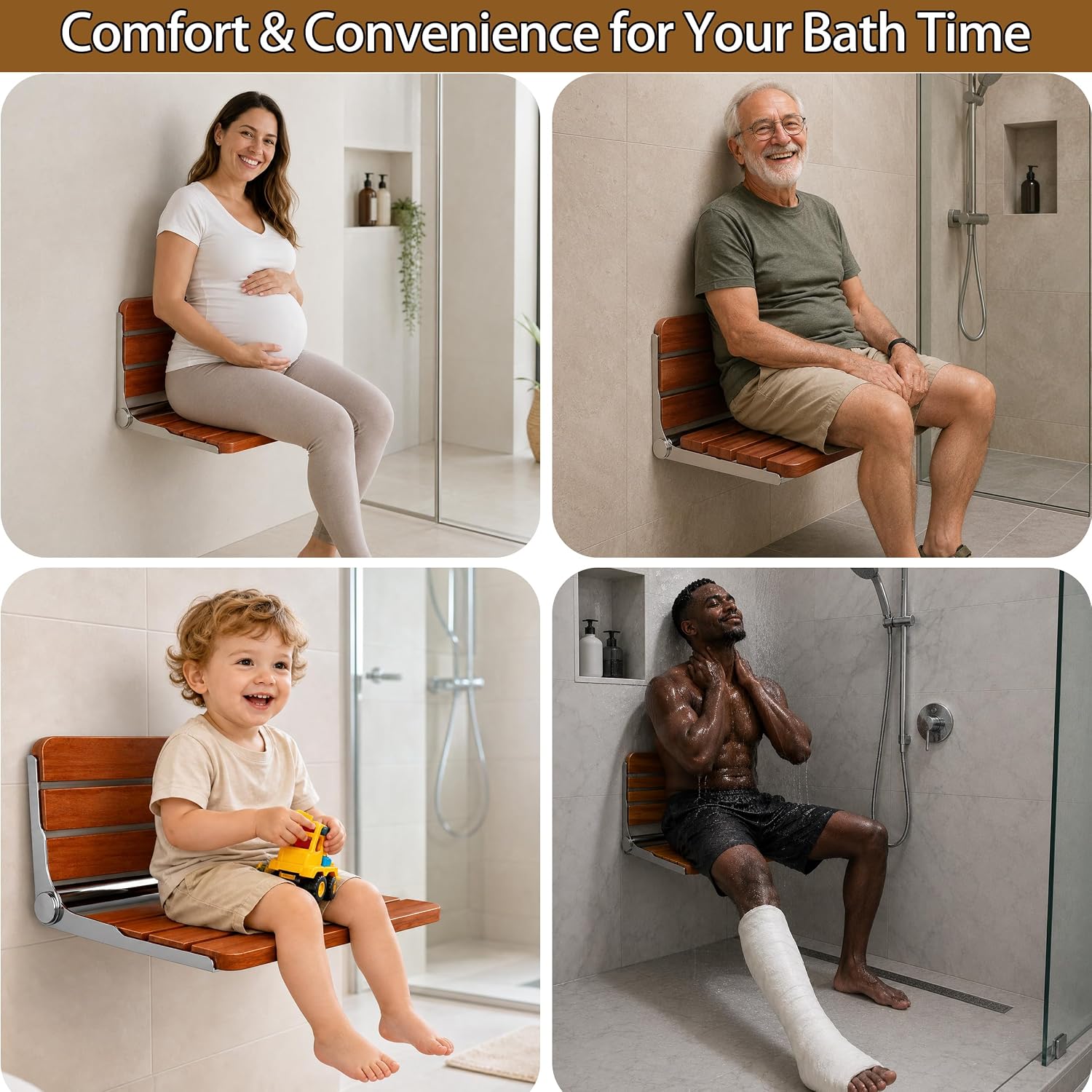 Space Saving Teak Wall Foldable Shower Seat