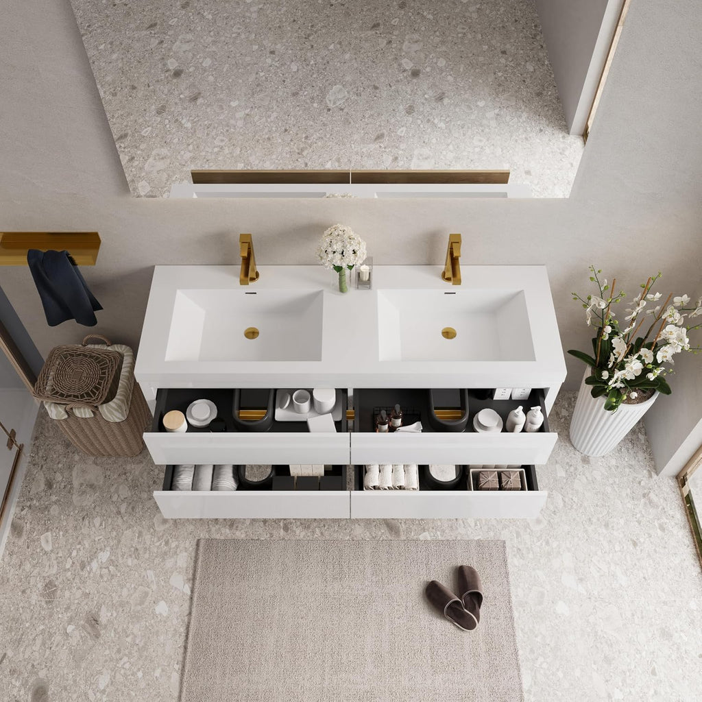 Glossy White Wall Mounted Double Sink Vanity