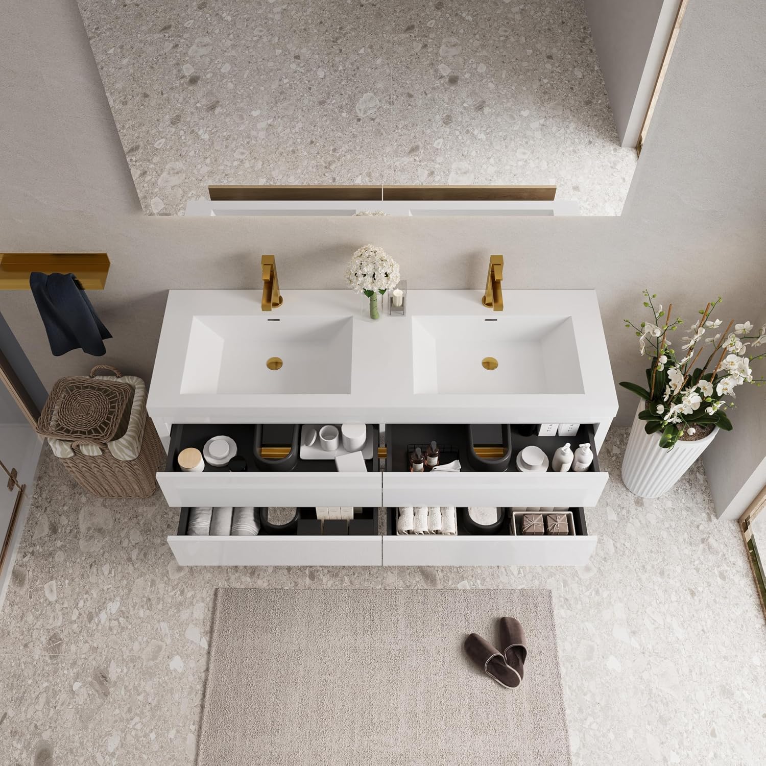 Glossy White Wall Mounted Double Sink Vanity