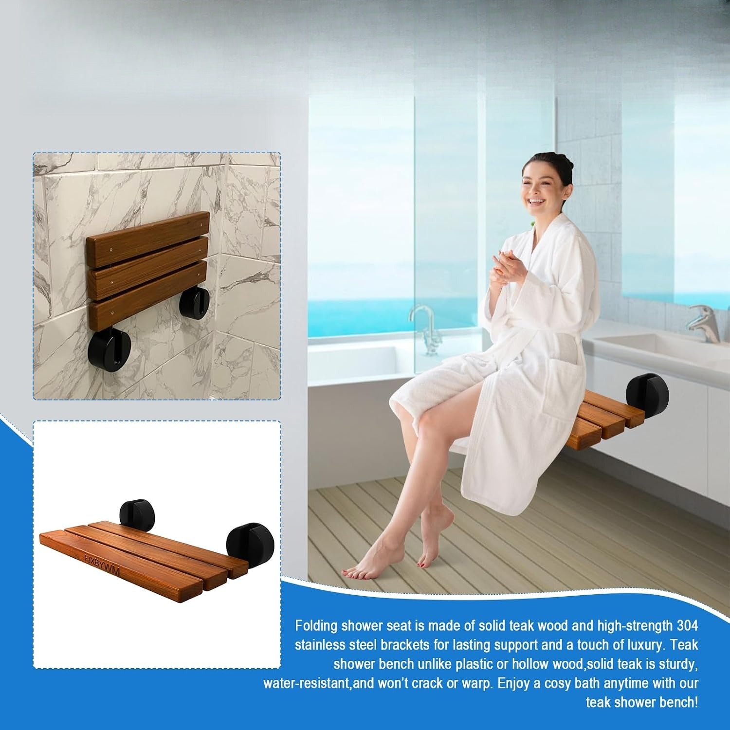 Teak Foldable Wall Mounted Shower Bench